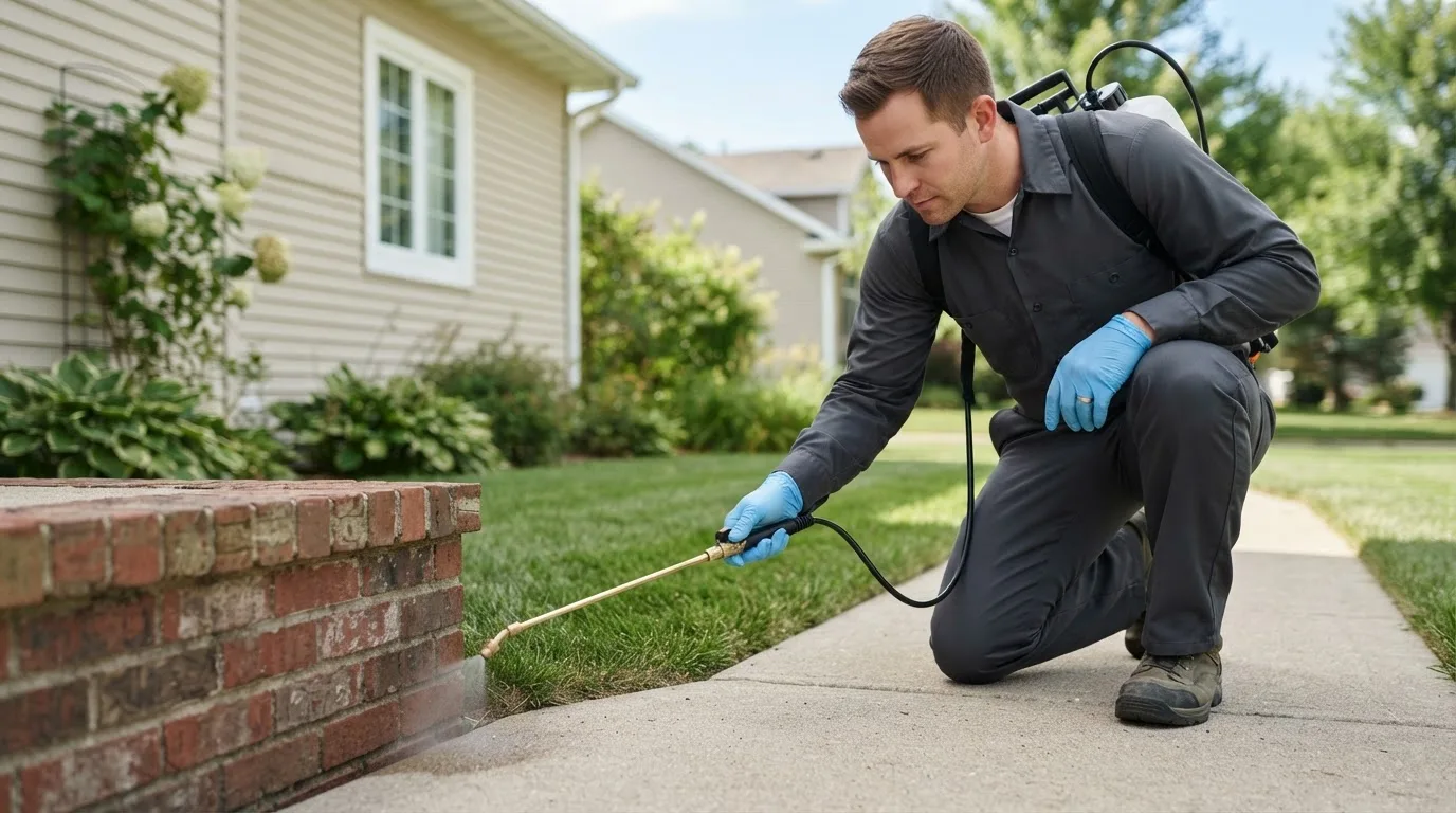 Pest control technician treating a home near New Freeport, PA