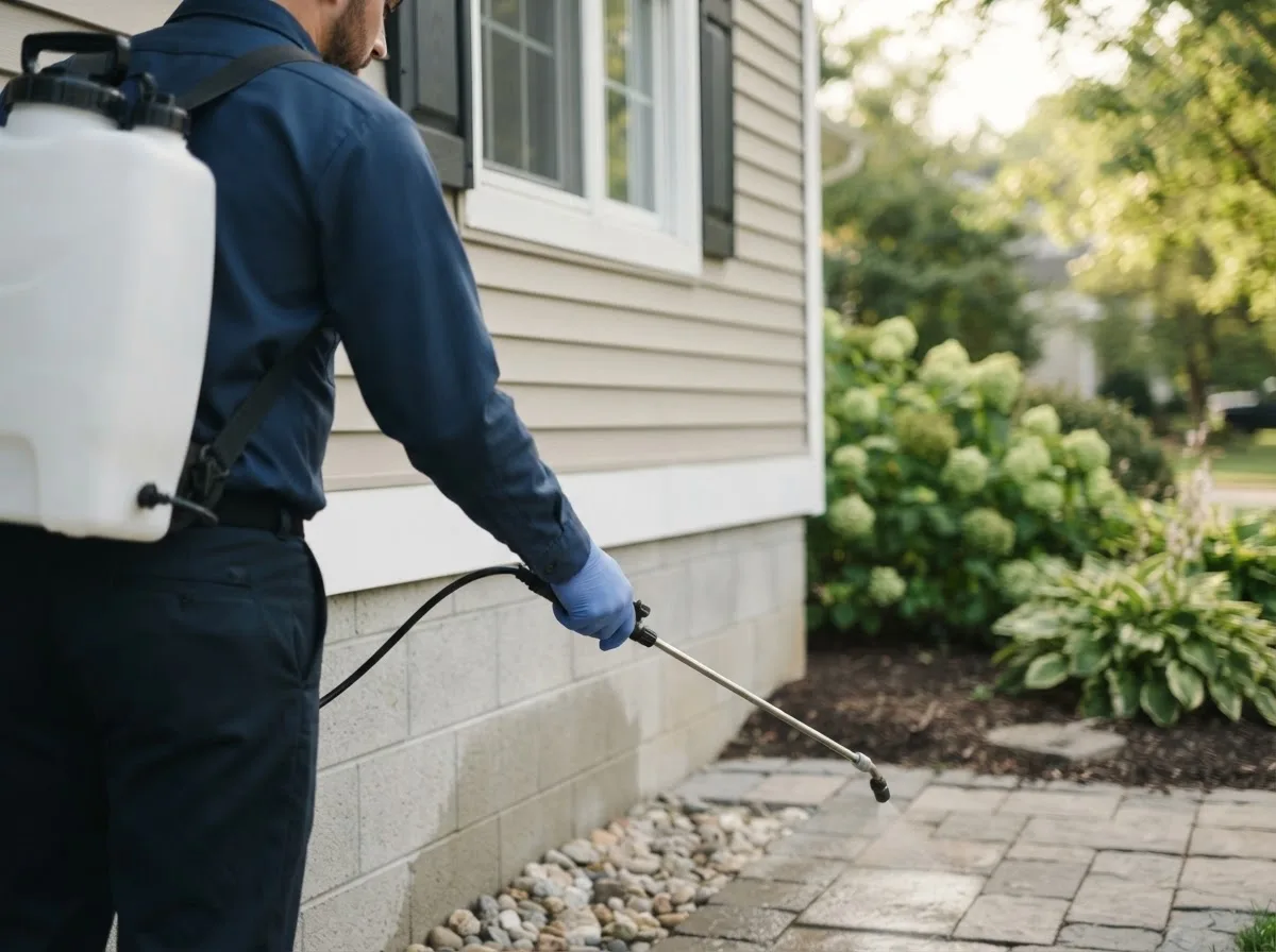 Pest control technician inspecting a home in New Freeport, PA